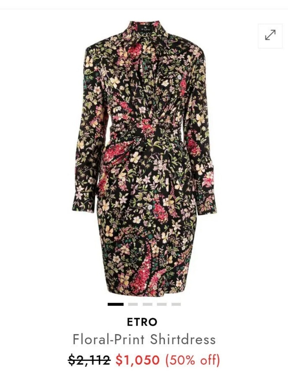 Etro Black Floral-Print Long-Sleeve Shirtdress. Stretch Cotton Side Zipper 8-10